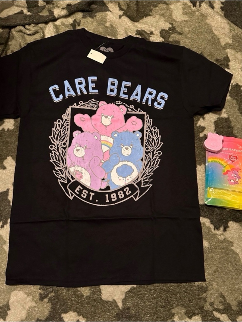 Care Bears Black Tee with Pink, Purple & Blue Bears